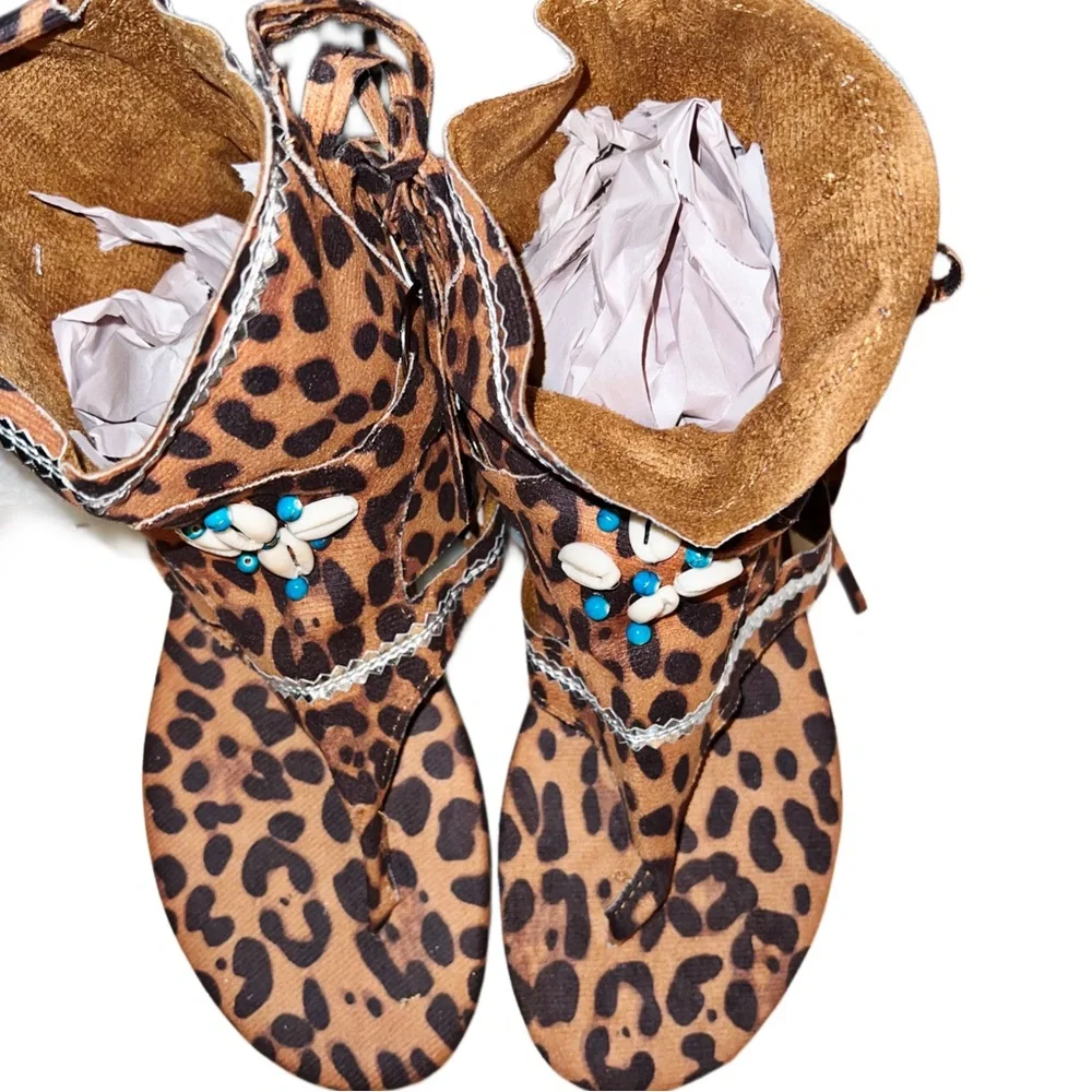 Fringed Leopard Print Puka Shell & Pull -On Buckle Sandals - Picture 5 of 6